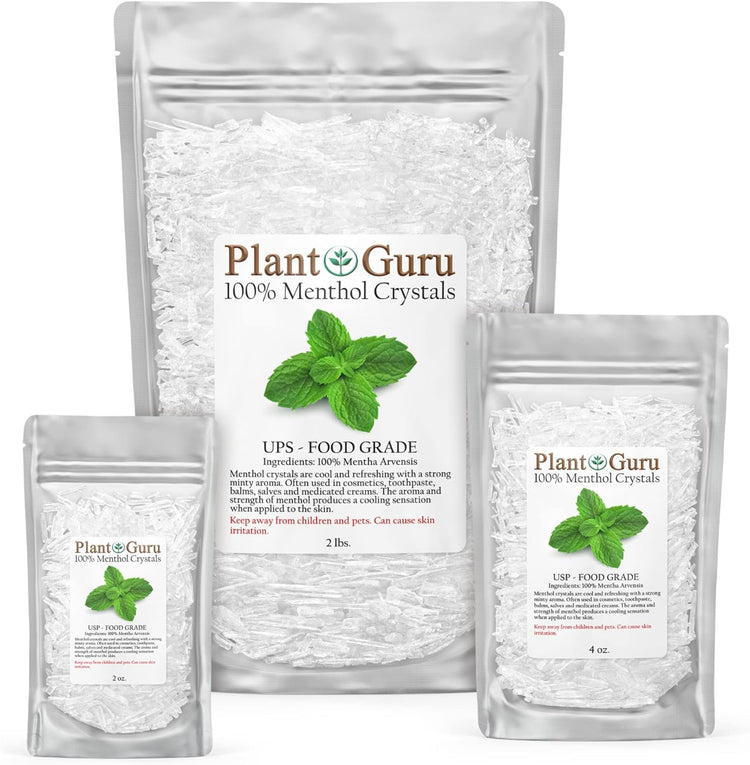 Pure Menthol Crystals 8oz good in various sizes by Plant Guru, showcasing transparent crystals in packaging.
