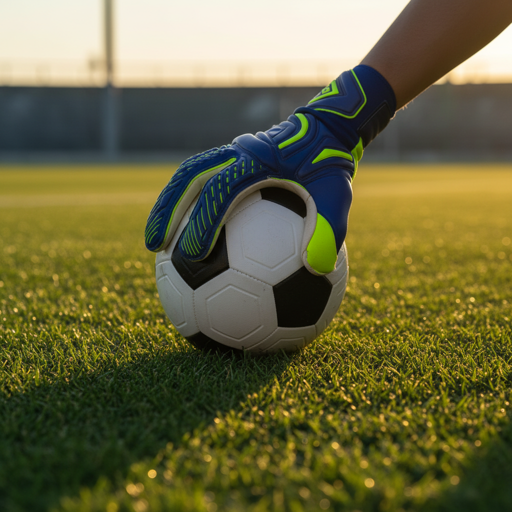 goalkeeper gloves gripping a soccer ball on green turf in warm sunlight