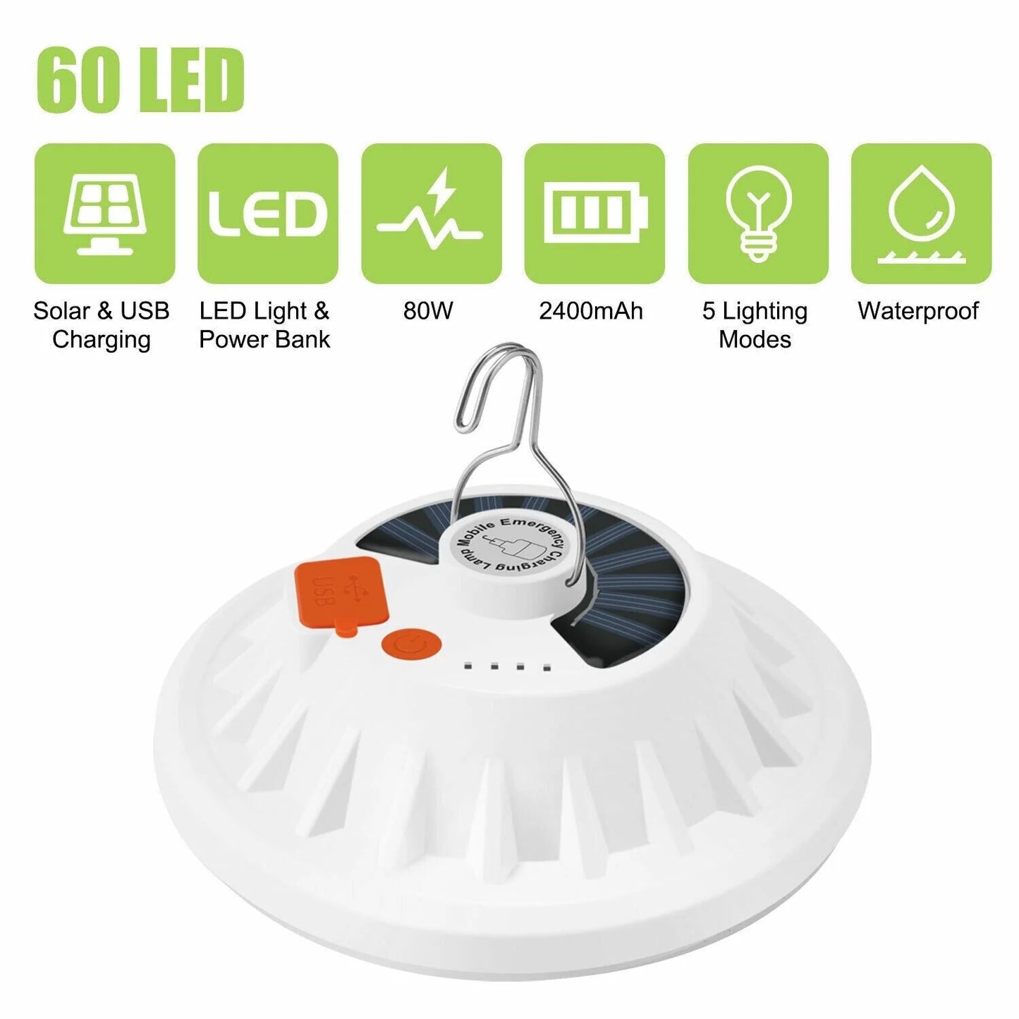 Rechargeable 60 LED Outdoor Camping Tent Light - USB and Solar Lantern for Hiking and Outdoor Activities