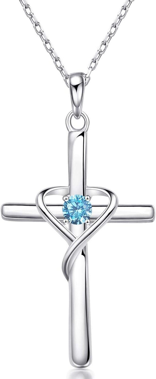 Elegant 925 Sterling Silver Cross Necklace with Dazzling 5A CZ Birthstone - Perfect Gift for Easter and Mother&