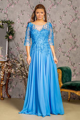 Bead Embroidery Sheer Neckline V-back Chiffon A-line Long Dress-2